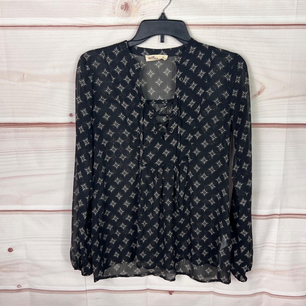 Hollister Top Women XS Black Geometric Blouse Sheer Lace Up Long Sleeve Pullover